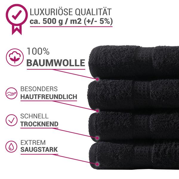 lot de 4 serviettes, 50 x 100 cm, 100% coton luxueux, avec 2 bordures, noir