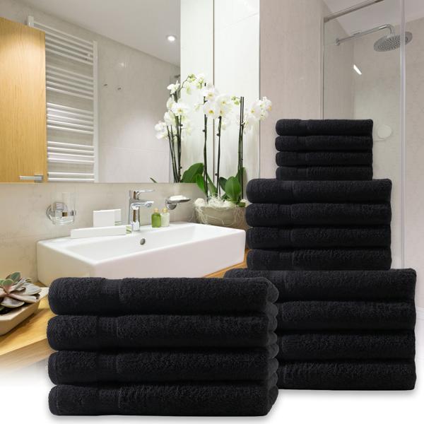 lot de 4 serviettes, 50 x 100 cm, 100% coton luxueux, avec 2 bordures, noir