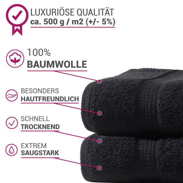 2er-Set Duschtücher Schwarz - 100% luxuriöse Baumwolle, 70x140 cm, 2 Bordüren - Kuschelweich, saugstark, OEKO-TEX Standard 100