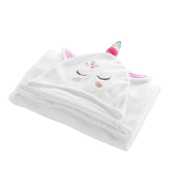 Kinder Einhorn Bademantel aus Flanell - Kuschelweich mit Kapuze im Einhorn-Design & Handschützern - 100% Polyester - 100x120 cm - Waschbar