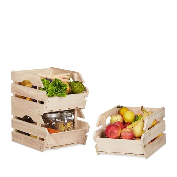 Caisses de stockage en bois empilables, set de 3, 20x27,5x38cm chacune - Idéal pour les légumes, les fruits &amp plus - Caisses de stockage robustes pour les provisions