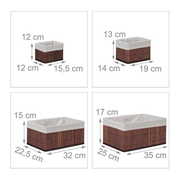 Set de 6 paniers de rangement en bambou – 4 tailles avec doublure en tissu – brun, stables, résistants à l’humidité – idéal pour la déco du salon, de la salle de bain et de la chambre d’enfant