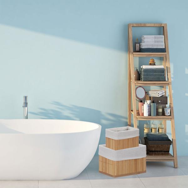 Set de 6 paniers de rangement en bambou – 4 tailles – doublure en tissu, naturel – empilables avec poignées – idéal pour salon, salle de bain, chambre d’enfant