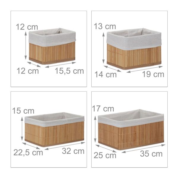 Set de 6 paniers de rangement en bambou – 4 tailles – doublure en tissu, naturel – empilables avec poignées – idéal pour salon, salle de bain, chambre d’enfant