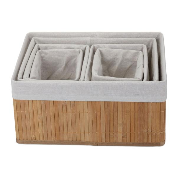 Set de 6 paniers de rangement en bambou – 4 tailles – doublure en tissu, naturel – empilables avec poignées – idéal pour salon, salle de bain, chambre d’enfant