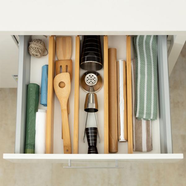 Set of 4 bamboo drawer dividers – drawer insert dividers with tension springs & fleece – flexible length – 6×1.5×55 cm brown – for kitchen, office, bathroom