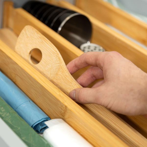 Set of 4 bamboo drawer dividers – drawer insert dividers with tension springs & fleece – flexible length – 6×1.5×55 cm brown – for kitchen, office, bathroom