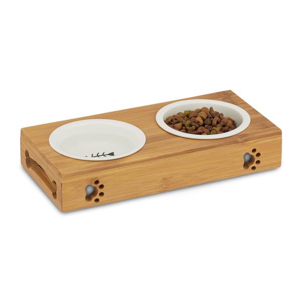 Double feeding bowl with bamboo stand – 2 ceramic bowls – Raised feeding station, ergonomic & hygienic for dogs & cats – 5.5 x 29.5 x 14 cm