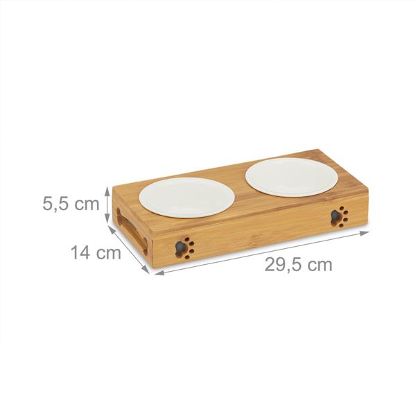 Double feeding bowl with bamboo stand – 2 ceramic bowls – Raised feeding station, ergonomic & hygienic for dogs & cats – 5.5 x 29.5 x 14 cm