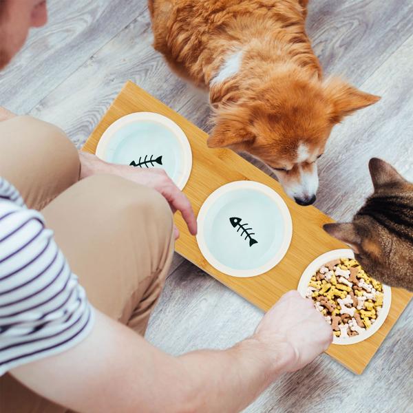 Double feeding bowl with bamboo stand – 2 ceramic bowls – Raised feeding station, ergonomic & hygienic for dogs & cats – 5.5 x 29.5 x 14 cm