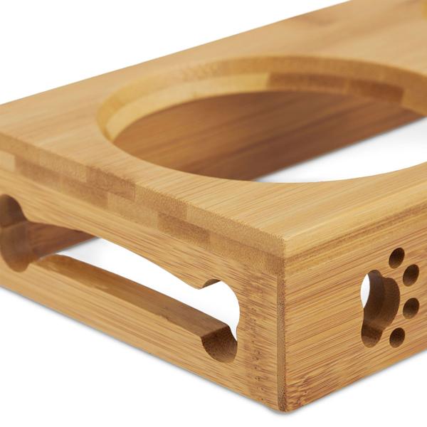 Double feeding bowl with bamboo stand – 2 ceramic bowls – Raised feeding station, ergonomic & hygienic for dogs & cats – 5.5 x 29.5 x 14 cm