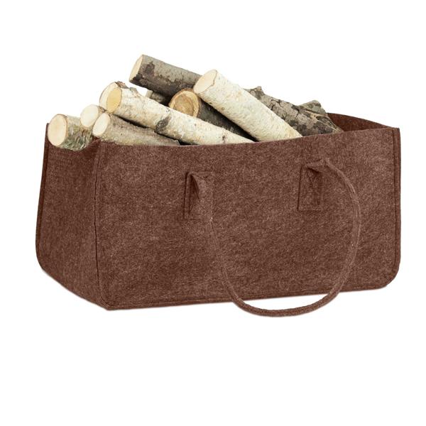Sac pour bois de cheminée avec 2 poignées, sac en feutre, marron, 25 x 25 x 50 cm