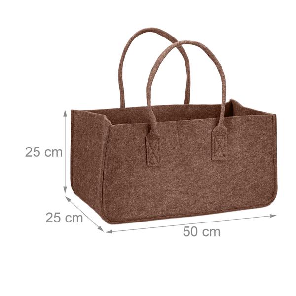 Sac pour bois de cheminée avec 2 poignées, sac en feutre, marron, 25 x 25 x 50 cm