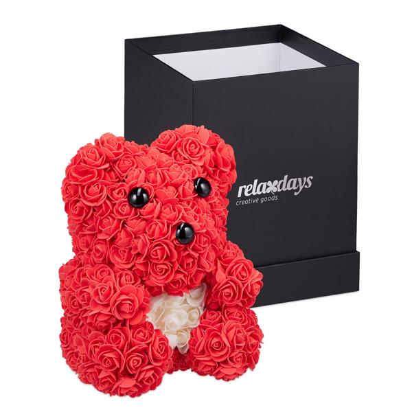 Rose bear with artificial plastic blossoms, rose teddy with gift box, 28 cm