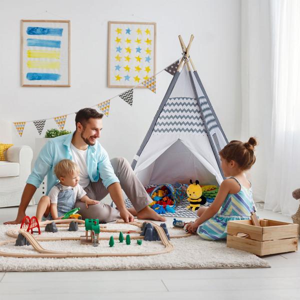 Tenda da gioco avventurosa per bambini, design teepee, grigio-bianco, 150x120x120cm - Tenda accogliente in poliestere e legno per bambini e bambine