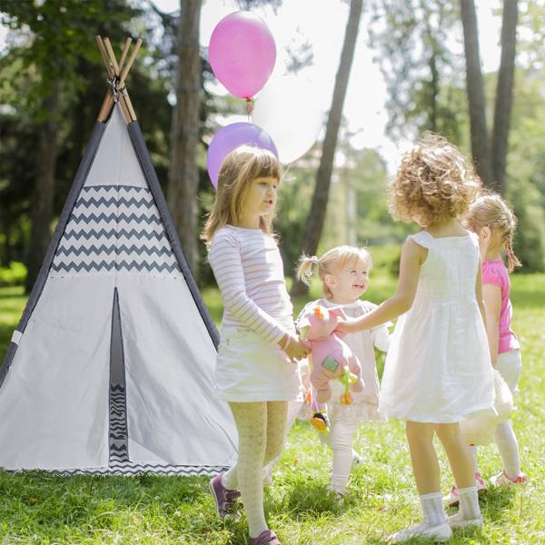 Tenda da gioco avventurosa per bambini, design teepee, grigio-bianco, 150x120x120cm - Tenda accogliente in poliestere e legno per bambini e bambine