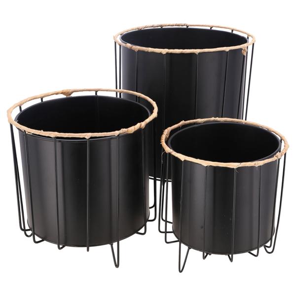 Elegante set di 3 vasi per piante in metallo: fioriere in nero e marrone con elegante design a filo - vasi per piante eleganti per casa e giardino.