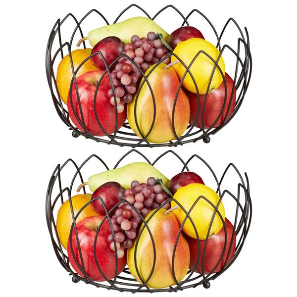 set of 2 fruit baskets in the shape of leaves, metal fruit bowls, black, each 13 x 27 cm