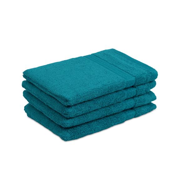 Lot de 4 gants de toilette 100% coton, bleu pétrole, lavettes en éponge avec boucle de suspension