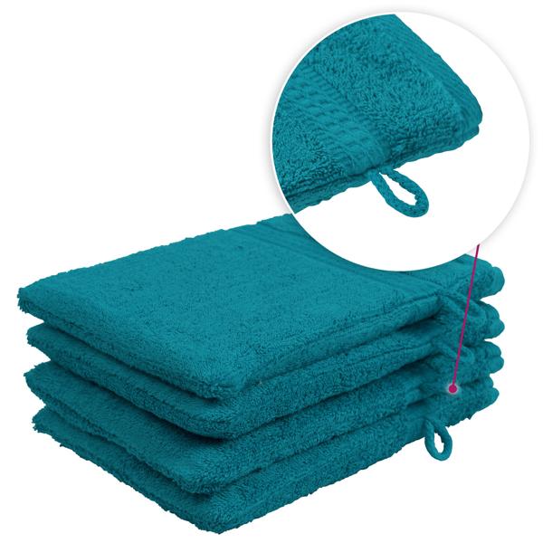 Lot de 4 gants de toilette 100% coton, bleu pétrole, lavettes en éponge avec boucle de suspension