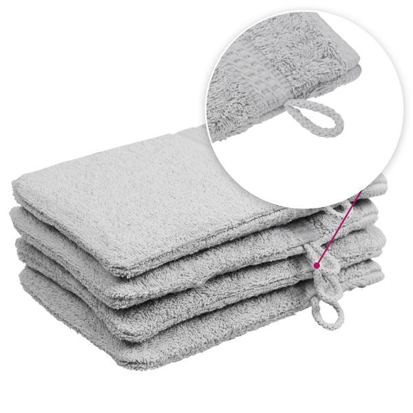 Lot de 4 gants de toilette 100% coton, argentés, lavettes en éponge avec boucle de suspension