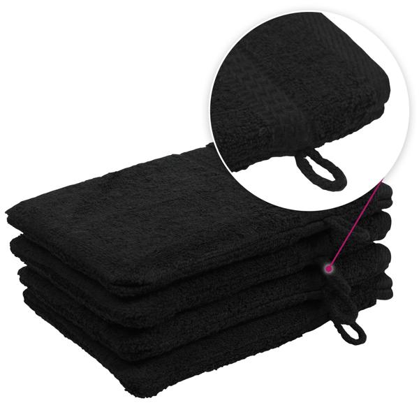 Lot de 4 gants de toilette 100% coton, noirs, lavettes en éponge avec boucle de suspension