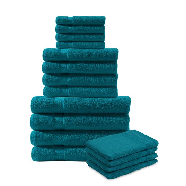 16-piece terry towel set – Fluffy soft, absorbent & durable – 100% cotton, 500 g/m² – 4 guest towels, 4 hand towels, 4 bath towels, 4 washcloths – Petrol