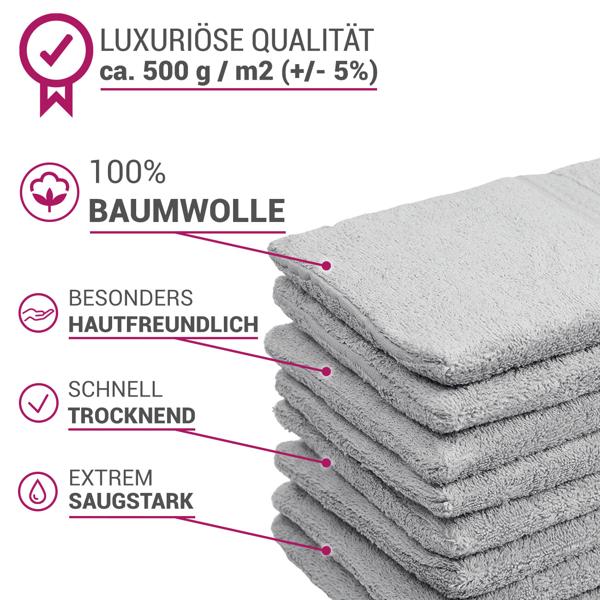 32-teiliges Frottee Handtuch-Set - Flauschig weich, saugstark & langlebig - 100% Baumwolle, 500g/m², silber - 8 Gäste-, 8 Hand-, 8 Bade-, 8 Waschlappen