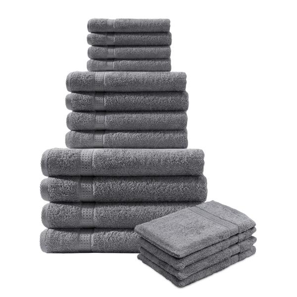 Ensemble de serviettes éponge 16 pièces anthracite – 4 invités, 4 serviettes, 4 draps de douche, 4 gants de toilette – 100% coton – absorbant & lavable à 60 °C