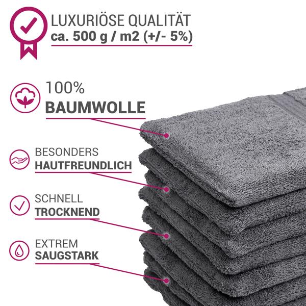 32 linges en éponge: 8 serviettes d’invités, 8 linges de toilette, 8 draps de bain, 8 lavettes, anthracite