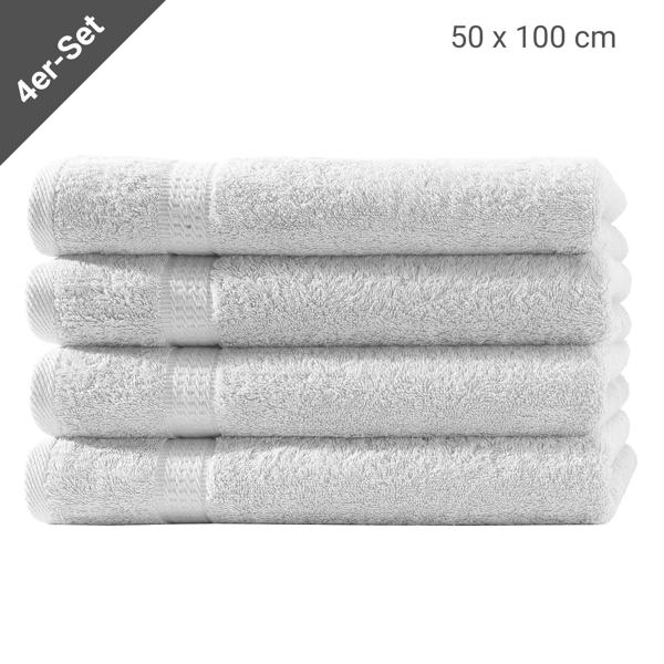 lot de 4 serviettes, 50 x 100 cm, 100% coton luxueux, avec 2 bordures, blanc