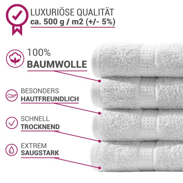 lot de 4 serviettes, 50 x 100 cm, 100% coton luxueux, avec 2 bordures, blanc