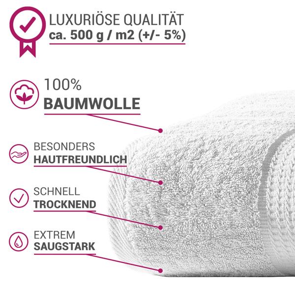 Luxuriöses Badetuch 100x150 cm - 100% Baumwolle - kuschelweich, saugstark & schnelltrocknend - Elegantes Design mit 2 Bordüren in Weiss