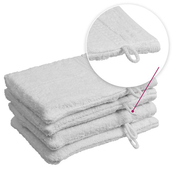 Lot de 4 gants de toilette 100% coton, blancs, lavettes en éponge avec boucle de suspension