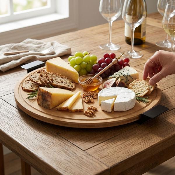 Rotating serving platter made of bamboo, 40x40cm, with metal handle - Practical rotating platter, makes serving easier and more convenient