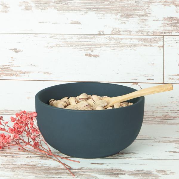 Tapas Set Keramik-Bambus - Schale mit Löffel für stilvolle Beilagen & Snacks - Matt Schwarz/Braun - 14x14x7cm - Edle Präsentation am Tisch