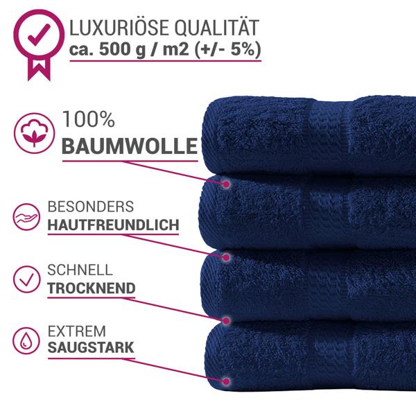 Serviettes d‘invité 30 x 50 cm, 100% coton luxueux, lot de 4 serviettes, bleu marine
