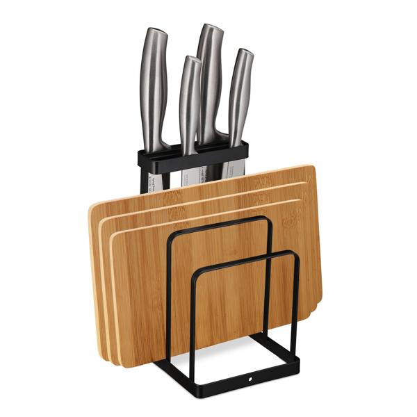 Schneidebrettständer & Messerhalter aus Metall - Schwarz - Küchen-Organizer mit 3 Messerschlitzen & Brettchenhalter - Modernes Design - 21,5x12x14cm