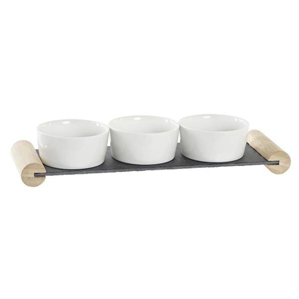 Tapas Set Holz-Keramik-Schiefer - 3 Saucenschälchen auf Servierbrett mit Holzfüssen - Vorspeisenteller für Apéro, Frühstück & Partys - Robust, leicht zu reinigen
