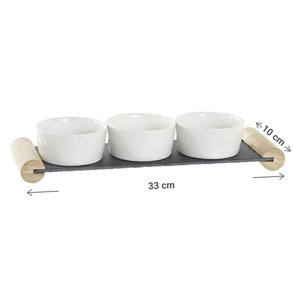 Tapas Set Holz-Keramik-Schiefer - 3 Saucenschälchen auf Servierbrett mit Holzfüssen - Vorspeisenteller für Apéro, Frühstück & Partys - Robust, leicht zu reinigen