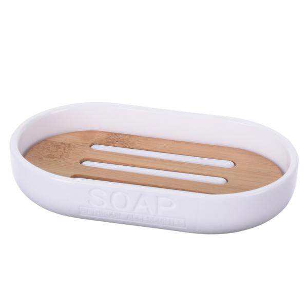 Porte-savon en bambou et plastique, porte-savon ovale, brun, blanc, 12,3 cm x 7,8 cm