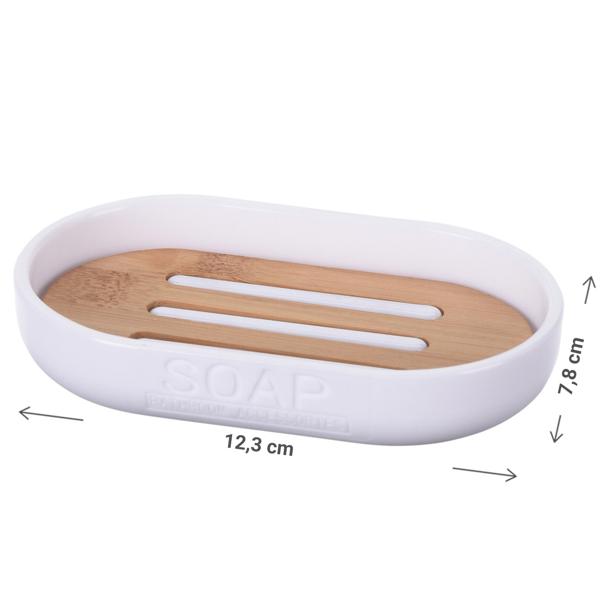 Porte-savon en bambou et plastique, porte-savon ovale, brun, blanc, 12,3 cm x 7,8 cm