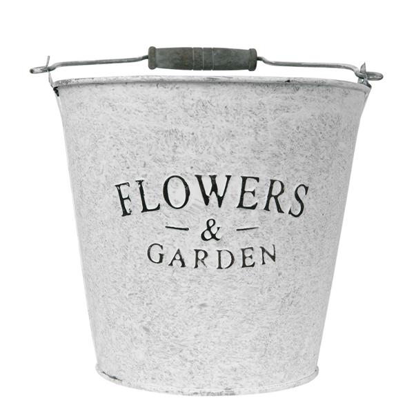 Seau en zinc avec inscription Flowers and Garden – seau décoratif avec anse pour plantes et rangement – métal galvanisé, 16.5 x 15 x 16.5 cm – shabby chic