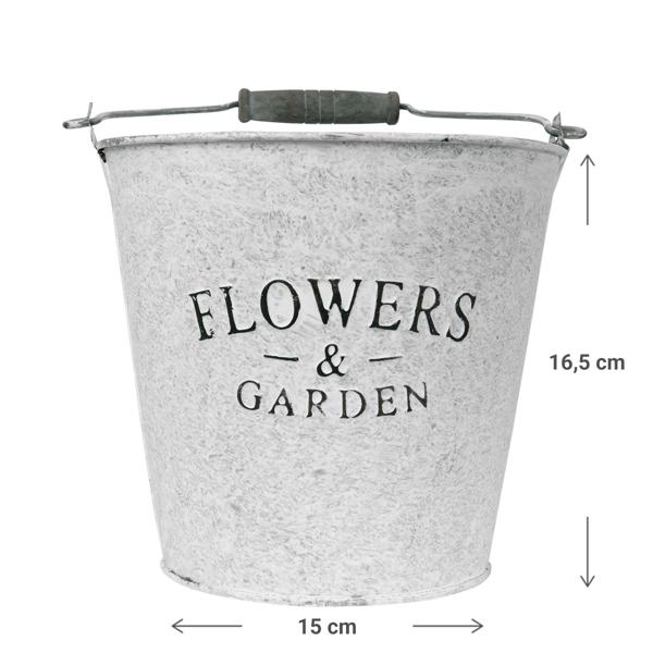Seau en zinc avec inscription Flowers and Garden – seau décoratif avec anse pour plantes et rangement – métal galvanisé, 16.5 x 15 x 16.5 cm – shabby chic