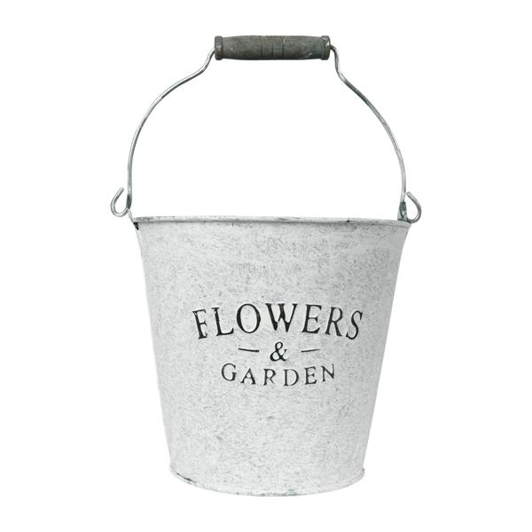 Seau en zinc avec inscription Flowers and Garden – seau décoratif avec anse pour plantes et rangement – métal galvanisé, 16.5 x 15 x 16.5 cm – shabby chic