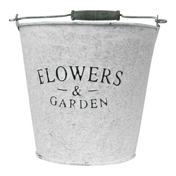 Seau en zinc avec inscription Flowers and Garden – seau décoratif avec anse pour plantes et rangement – métal galvanisé, 16.5 x 15 x 16.5 cm – shabby chic