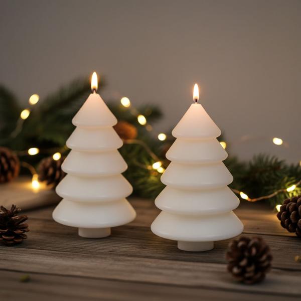 Decorative candle Christmas tree 2-piece set, mood candles with wick, white, H 12 cm