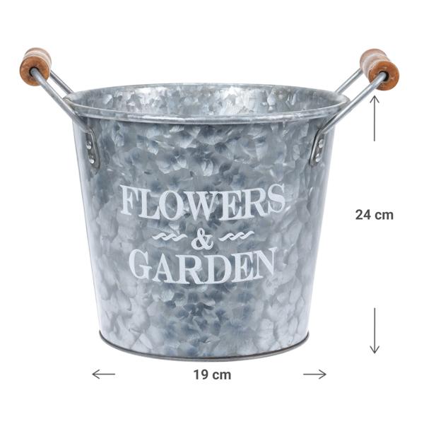 Metal bucket, plant bucket with handles, silver, white, brown, 19 x 24 x 19 cm