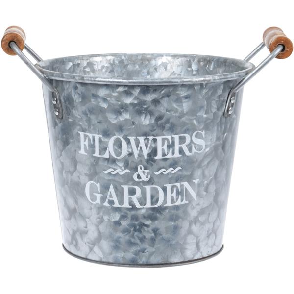 Metal bucket, plant bucket with handles, silver, white, brown, 19 x 24 x 19 cm