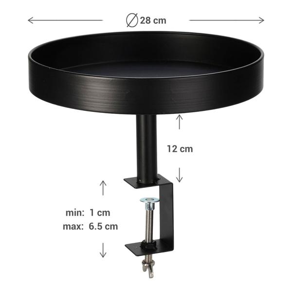 Beistelltisch zum Anklemmen - Rund, Schwarz, Ø 28x26 cm - Praktischer Balkon & Tisch Beistelltisch bis 6,5 cm Plattendicke - Robustes Metall, wetterbeständig